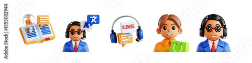 3D Illustration Pack of Knowledge Base, Language Support, Live Chat, and Customer Profile Icons