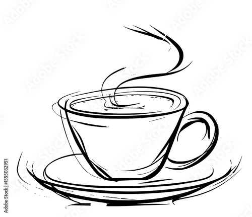 Minimilist stylized sketch of a cup of hot beverage with steam rising on a saucer in black and white illustration vector