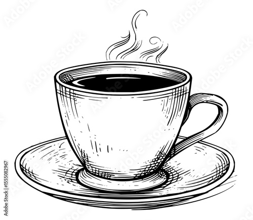Minimilist a steaming cup of coffee sitting on a saucer, depicted in a detailed black and white sketch style drawing vector