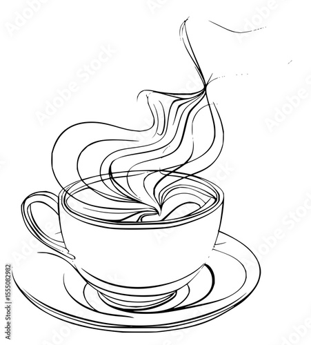 Minimilist illustration of a coffee cup with a saucer and swirling steam in black and white line art style design vector