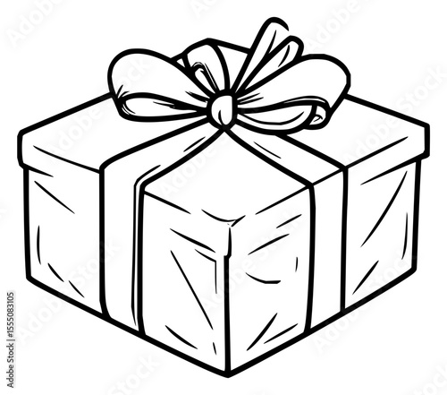 Minimilist illustration of a wrapped gift box with a ribbon and bow in black and white line art style drawing design vector