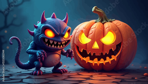 Spooky Halloween vector illustration of a grinning purple monster standing beside a glowing carved pumpkin in a creepy nighttime setting.