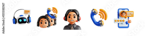 3D Icons of AI Support Bot, Call Center Staff, Voice Support, and Mobile Feedback Chat