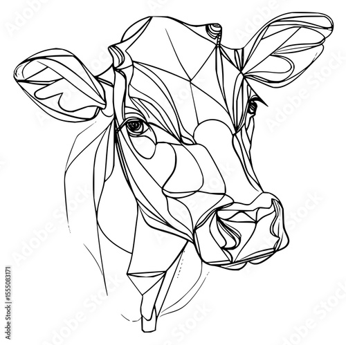 Minimilist geometric line art illustration of a cow's head with detailed facial features and prominent ears design vector