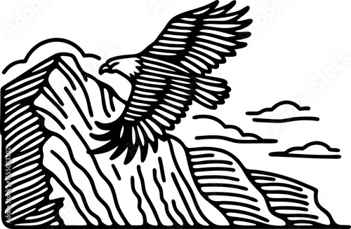 Majestic eagle soaring above rugged mountain peak, bold black line art freedom, strength, nature, adventure symbol