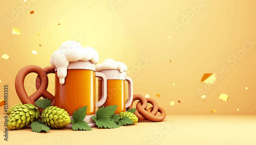 Fresh beer mugs with pretzels and hops on yellow background, festive Oktoberfest design.