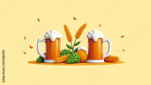 Fresh beer mugs with wheat, hops and barley, Oktoberfest concept in bright illustration.