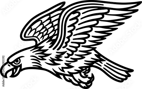 Soaring eagle with outstretched wings in flight, bold black line illustration, fierce bird symbol
