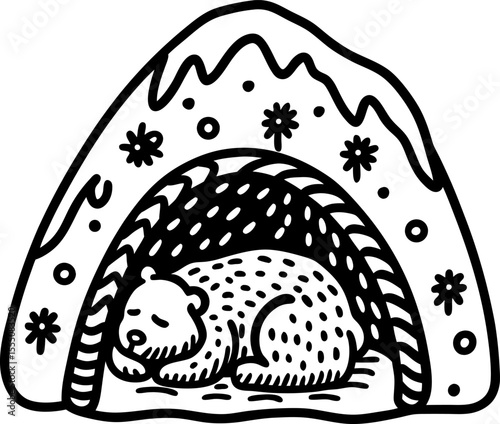 Hibernating bear sleeping safely inside snowy cave winter animal resting in cozy den surrounded by snowflakes