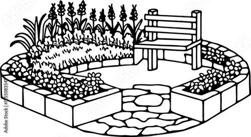Garden seating area with stone path and flower beds wooden bench surrounded by blooming plants and landscaping