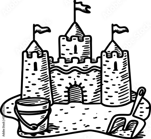 Sandcastle with flags, bucket and spade hand drawn outline illustration for summer beach activities, kids fun play