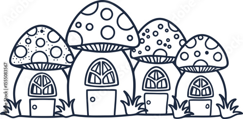 Whimsical mushroom houses with doors and windows fantasy fairy village scene, outlined doodle for coloring pages