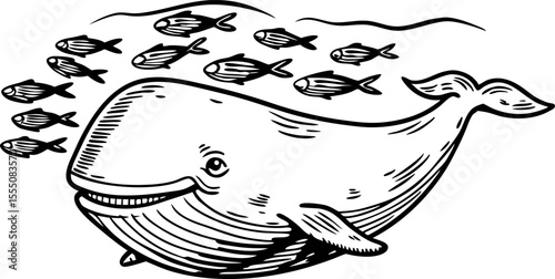 Smiling whale swimming with small fish black and white aquatic illustration, marine wildlife concept art