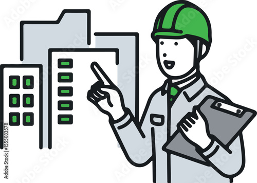 A man in work clothes inspects a building