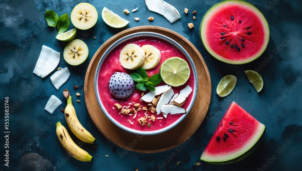 custom made wallpaper toronto digitalFresh fruit smoothie bowl with banana, watermelon, lime, coconut pieces, and berries, garnished with mint and nuts.