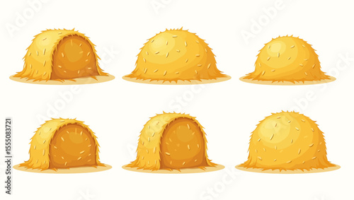 Cartoon yellow haystacks set, cute farm straw piles in various shapes.