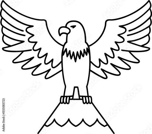 Eagle with open wings perched on mountain peak outline majestic bird symbol, mountain wildlife emblem