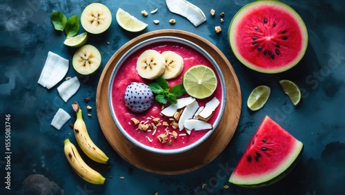 Wallpaper Mural Fresh fruit smoothie bowl with banana, watermelon, lime, coconut pieces, and berries, garnished with mint and nuts. Torontodigital.ca
