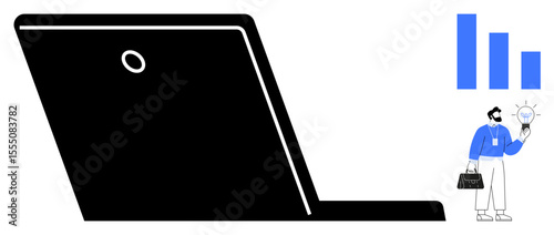 Laptop corner with professional holding lightbulb, showcasing creativity and analysis, alongside bar chart visuals. Ideal for technology, innovation, business growth, inspiration, remote work