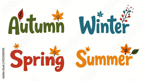 Colorful seasonal words Autumn, Winter, Spring, Summer with decorative leaves and nature elements.