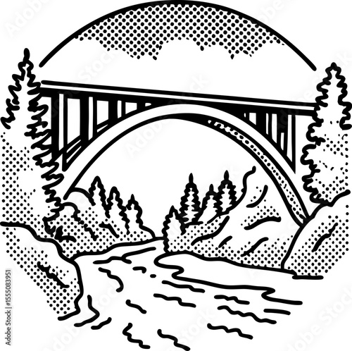 Arched bridge over river in forest landscape scenic nature view with pine trees, rocks, flowing water, and mountain background