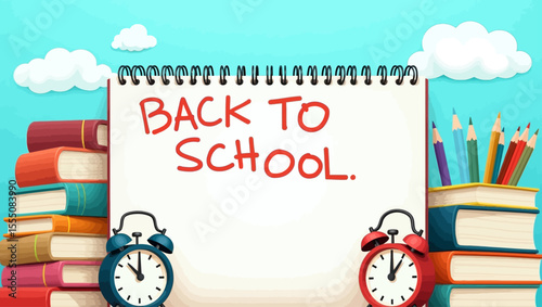 Large back to school text on spiral notebook with colorful books, pencils and alarm clocks.