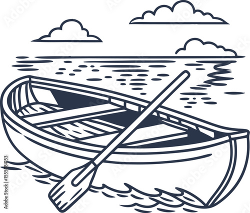 Wooden rowboat with single oar on calm water, simple line drawing peaceful lake scene with clouds