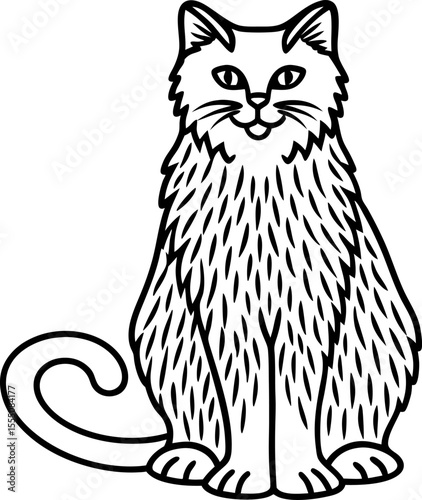 Fluffy long haired cat sitting upright, front view black outline illustration, domestic pet, detailed fur drawing