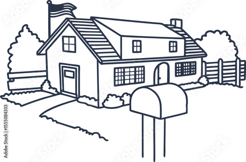 suburban house outline with mailbox, front yard pathway, fence, and trees in simple line art