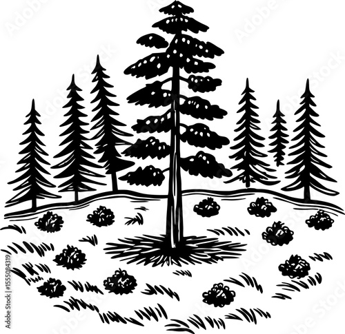 Pine trees in forest clearing hand drawn black and white illustration of evergreen woodland with grass, shrubs, nature landscape