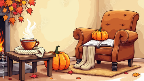 Warm cozy autumn room with armchair, pumpkins, tea cup, book and fireplace with falling leaves.