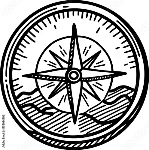 Vintage compass rose with nautical waves hand drawn maritime navigation symbol, direction guide illustration