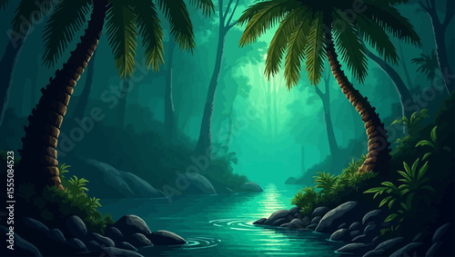 Mysterious tropical jungle river surrounded by palm trees and lush greenery under soft glowing light.