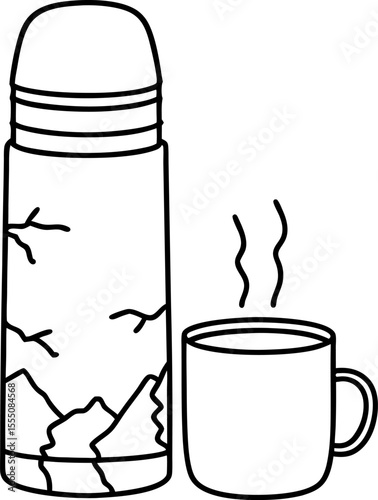 Mountain thermos flask with hot drink mug adventure beverage container for travel, outdoor refreshment, camping