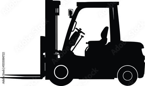 Forklift Silhouette in Flat Black with Forks and Cabin, Construction Material Handling Vehicles Vector Illustration