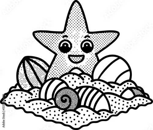 Happy starfish with seashells on sandy beach cute smiling sea creature illustration for kids nature and ocean themes