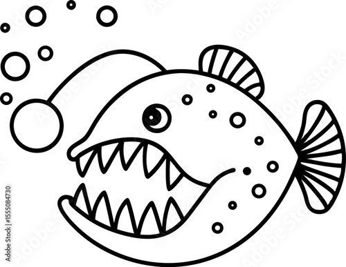 Anglerfish illustration with sharp teeth, lure, and bubbles deep sea predator outlined, aquatic marine animal