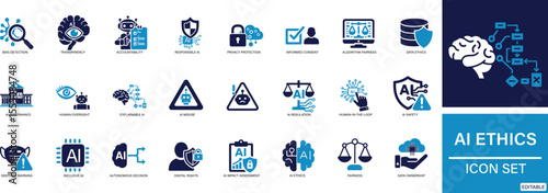 ai ethics icon set featuring fairness, transparency, artificial intelligence, law, justice, fairness, governance, ethical, dilemma, privacy, and ethical technology symbols.