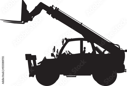 Telehandler Flat Black Silhouette with Lifting Arm, Construction Material Handling Vehicles Vector Illustration