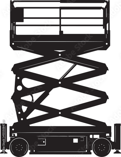 Scissor Lift Flat Black Silhouette with Lift Mechanism, Construction Material Handling Vehicles Vector Illustration