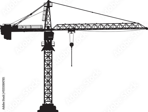 Tower Crane Silhouette in Flat Black with Cables and Counterweight, Construction Material Handling Vehicles Vector Illustration