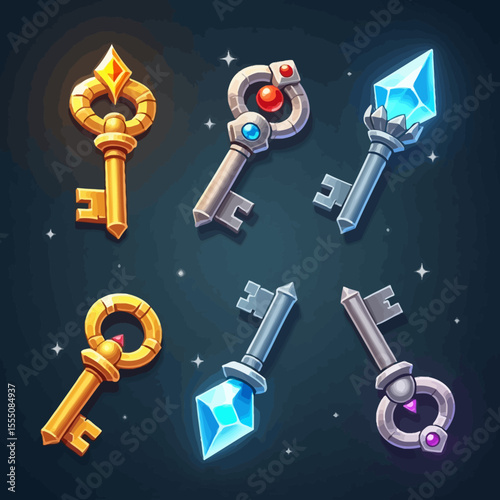 Fantasy illustration of enchanted magical keys with glowing crystals and metallic details on a dark background.