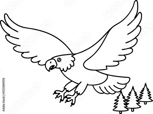 Flying eagle outlined illustration spreading wings, sharp claws, forest background wildlife, predator, coloring page art