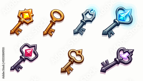 Set of fantasy-style magical keys with colorful gems and ornate designs isolated on white background.
