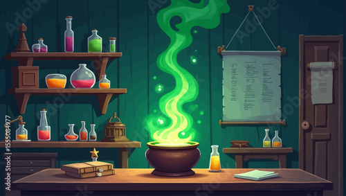 Mysterious potion lab interior with a glowing green cauldron and shelves filled with colorful elixirs and books.