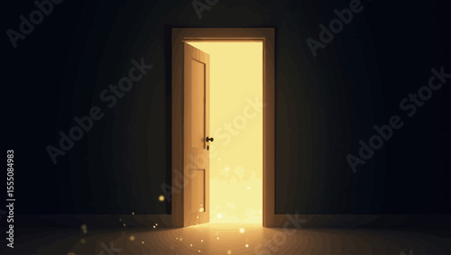  Mysterious open door with glowing light in dark room, hope and new opportunity concept illustration.