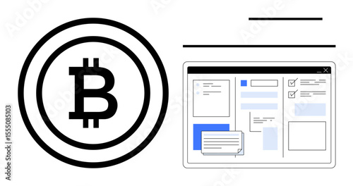 Bitcoin currency logo next to a computer screen layout with forms, messages, and checklists. Ideal for blockchain, cryptocurrency, finance, data management, digital economy, fintech minimalism