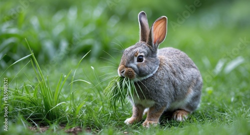 Fototapeta Naklejka Na Ścianę i Meble -  A rabbit eating grass in a lush green field.