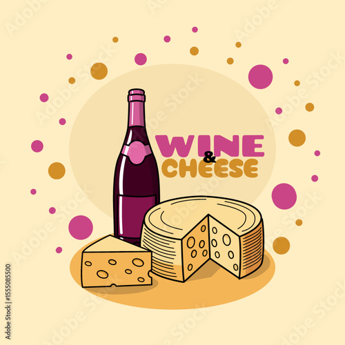 National Wine and Cheese Day to celebrate on July 25th. A bottle of wine with a large cheese and a small piece of cheese on bright yellow background. Food and drink event banner.