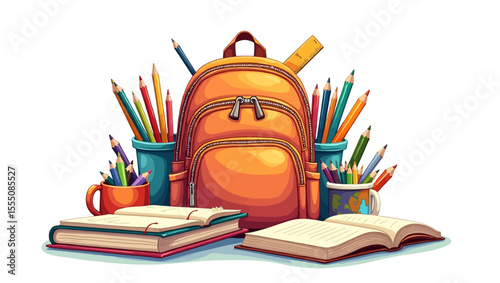  Back to school supplies with backpack, books, pencils and mugs, colorful education vector illustration.
